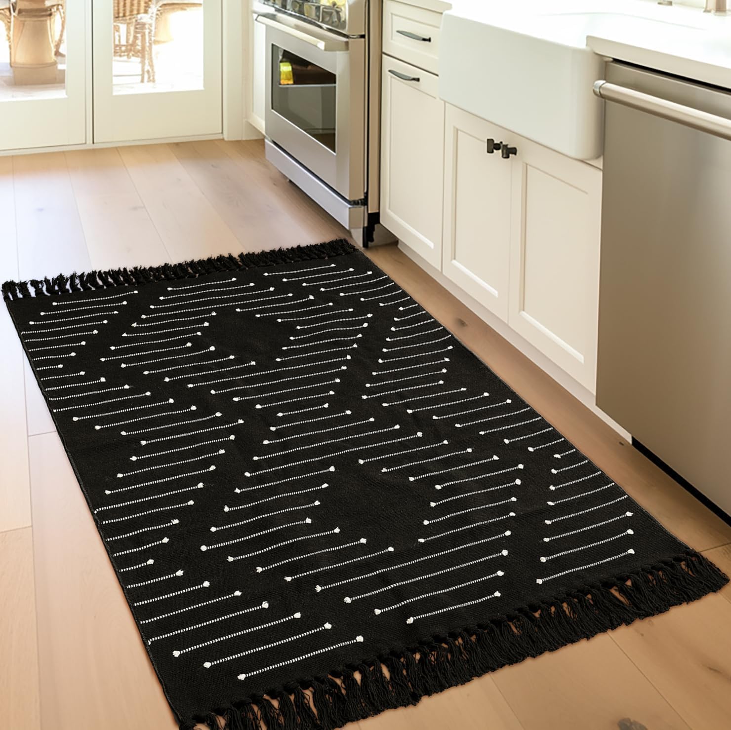 Lightweight Woven Cotton Entryway Bedroom Throw Rugs with Tassels, Thin Farmhouse Moroccan Carpet for Kitchen, Bathroom, Entrance, Living Room, Black and White