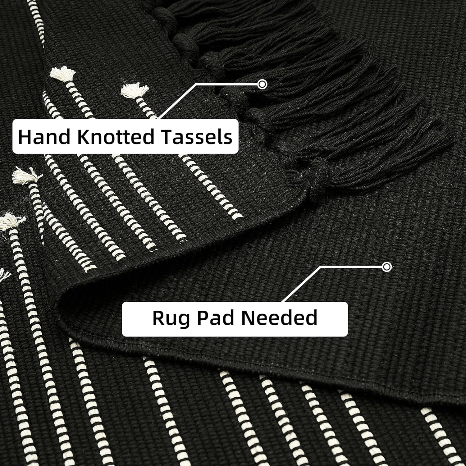Lightweight Woven Cotton Entryway Bedroom Throw Rugs with Tassels, Thin Farmhouse Moroccan Carpet for Kitchen, Bathroom, Entrance, Living Room, Black and White