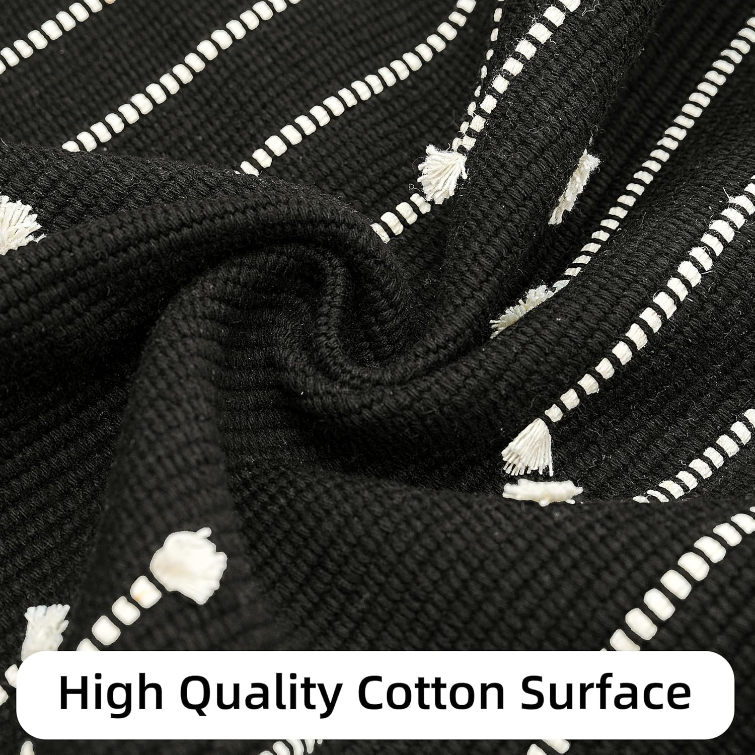Lightweight Woven Cotton Entryway Bedroom Throw Rugs with Tassels, Thin Farmhouse Moroccan Carpet for Kitchen, Bathroom, Entrance, Living Room, Black and White