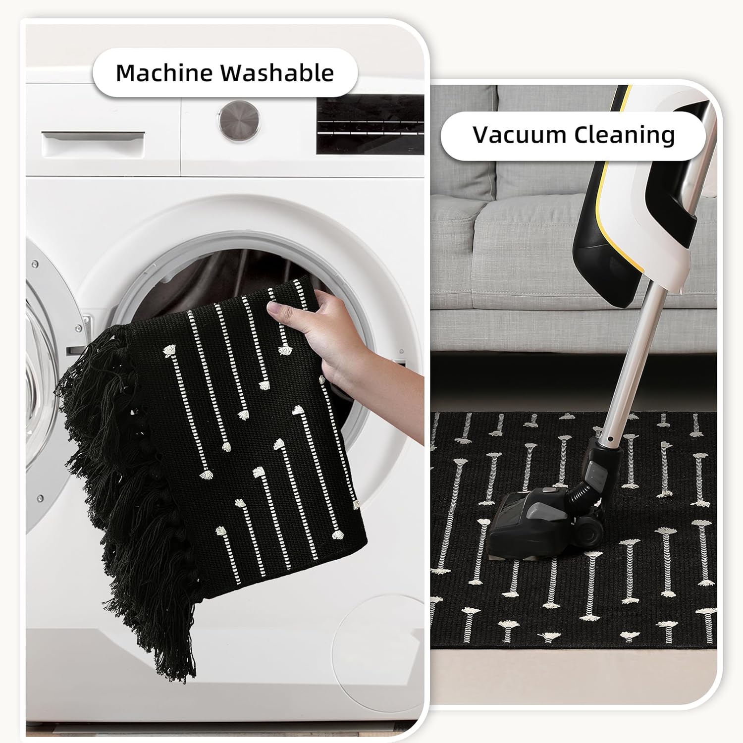 Lightweight Woven Cotton Entryway Bedroom Throw Rugs with Tassels, Thin Farmhouse Moroccan Carpet for Kitchen, Bathroom, Entrance, Living Room, Black and White