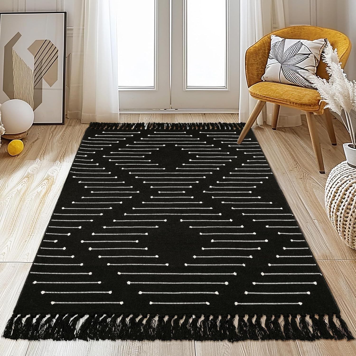 Lightweight Woven Cotton Entryway Bedroom Throw Rugs with Tassels, Thin Farmhouse Moroccan Carpet for Kitchen, Bathroom, Entrance, Living Room, Black and White