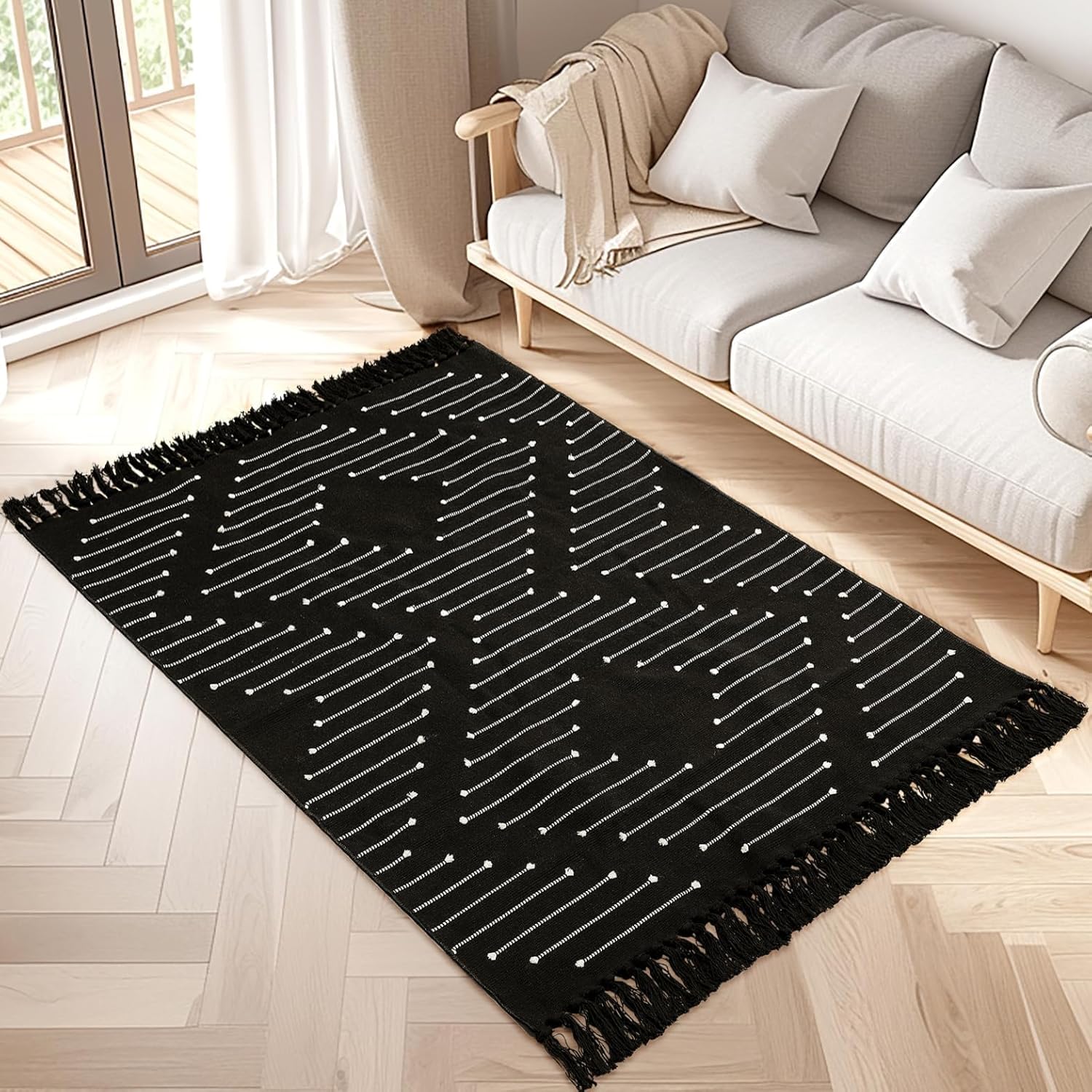 Lightweight Woven Cotton Entryway Bedroom Throw Rugs with Tassels, Thin Farmhouse Moroccan Carpet for Kitchen, Bathroom, Entrance, Living Room, Black and White