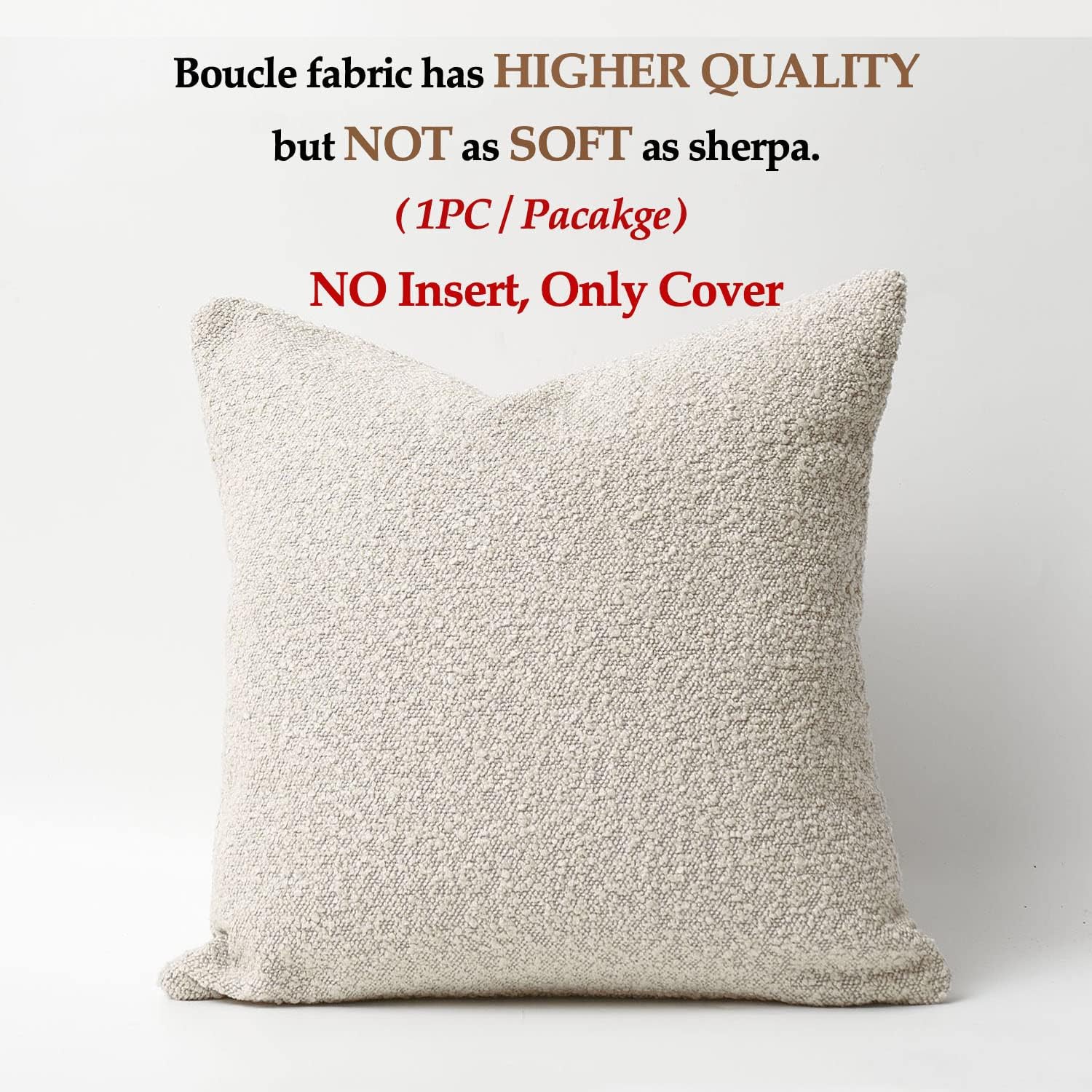 Textured Boucle Square Sofa Couch Pillow for Living Room Woven Accent Cushion Case, 1PC, Buttery Cream