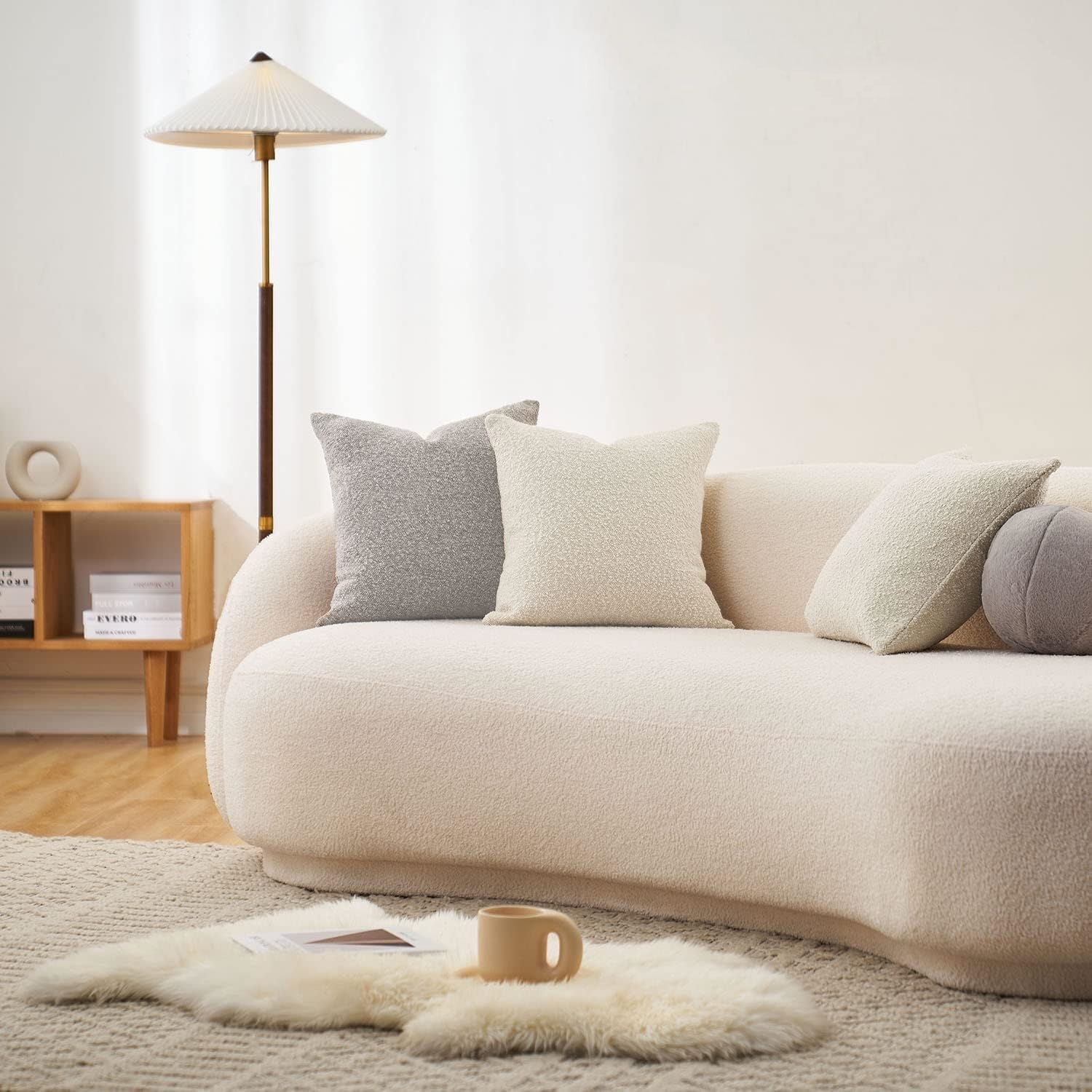 Textured Boucle Square Sofa Couch Pillow for Living Room Woven Accent Cushion Case, 1PC, Buttery Cream