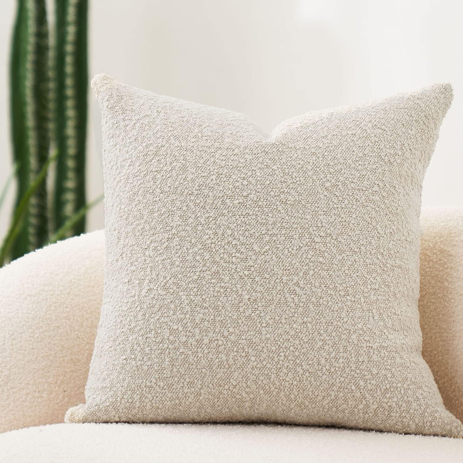 Textured Boucle Square Sofa Couch Pillow for Living Room Woven Accent Cushion Case, 1PC, Buttery Cream