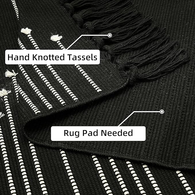 Bedroom Lightweight Throw Rugs Washable Indoor Cotton Thin Carpet for Kitchen, Bathroom, Playroom, Office, Black White