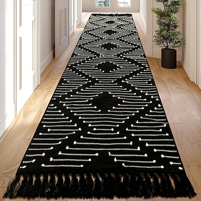 Bedroom Lightweight Throw Rugs Washable Indoor Cotton Thin Carpet for Kitchen, Bathroom, Playroom, Office, Black White