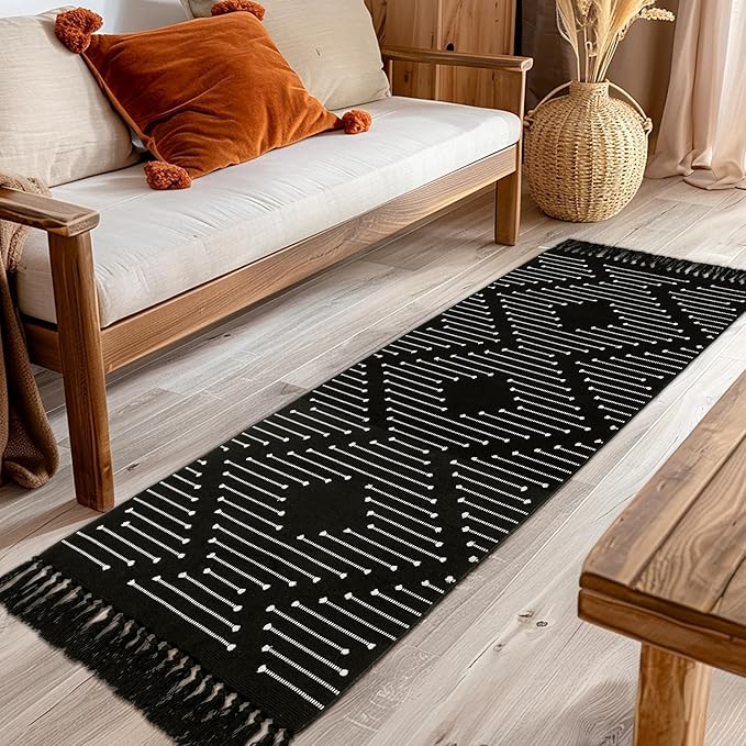 Bedroom Lightweight Throw Rugs Washable Indoor Cotton Thin Carpet for Kitchen, Bathroom, Playroom, Office, Black White