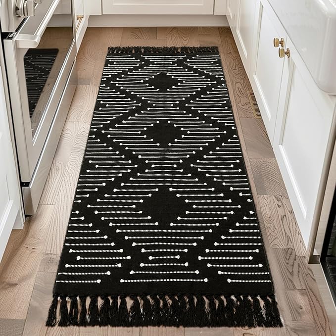 Bedroom Lightweight Throw Rugs Washable Indoor Cotton Thin Carpet for Kitchen, Bathroom, Playroom, Office, Black White