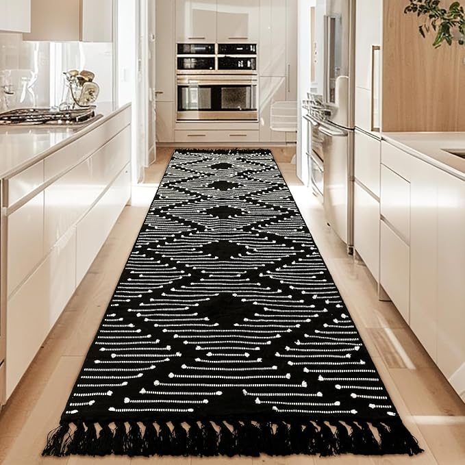 Bedroom Lightweight Throw Rugs Washable Indoor Cotton Thin Carpet for Kitchen, Bathroom, Playroom, Office, Black White