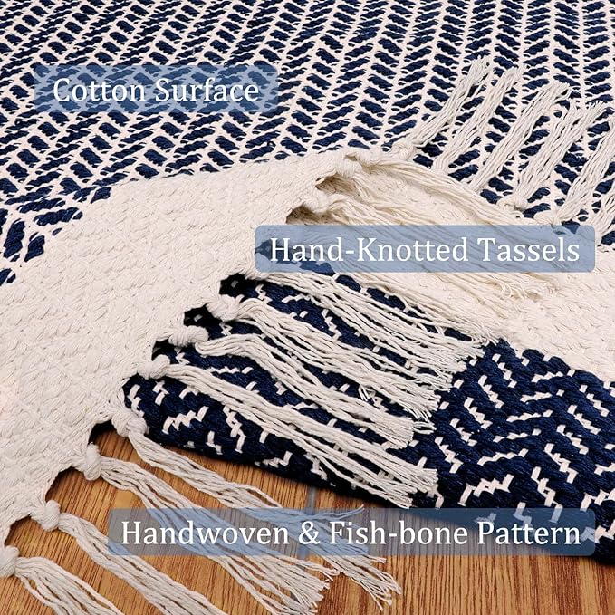Farmhouse Cotton Beige Living Room Area Rug Low Pile Throw Rug for Laundry Office Decor