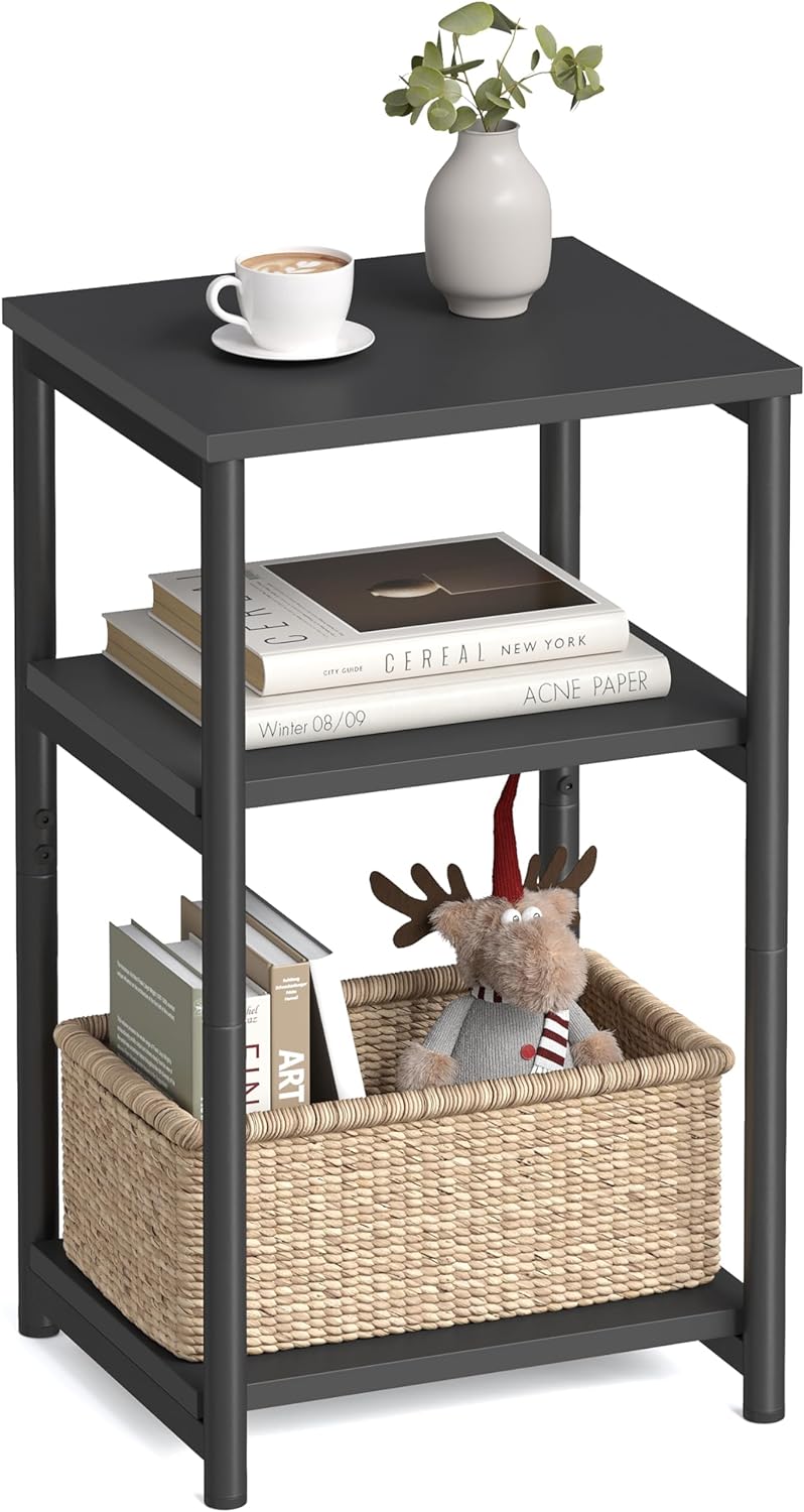 Side Table, Small End Table, Tall Nightstand for Living Room, Bedroom, Office, Bathroom, Rustic Brown and Classic Black