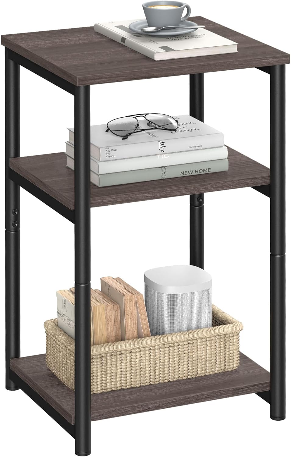 Side Table, Small End Table, Tall Nightstand for Living Room, Bedroom, Office, Bathroom, Rustic Brown and Classic Black