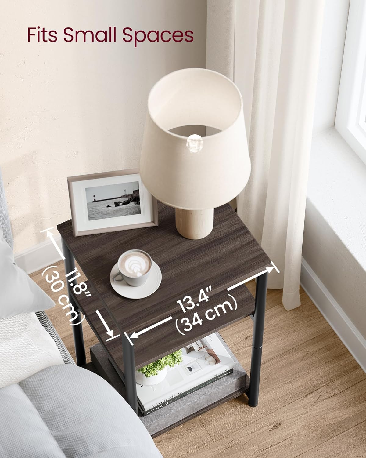 Side Table, Small End Table, Tall Nightstand for Living Room, Bedroom, Office, Bathroom, Rustic Brown and Classic Black