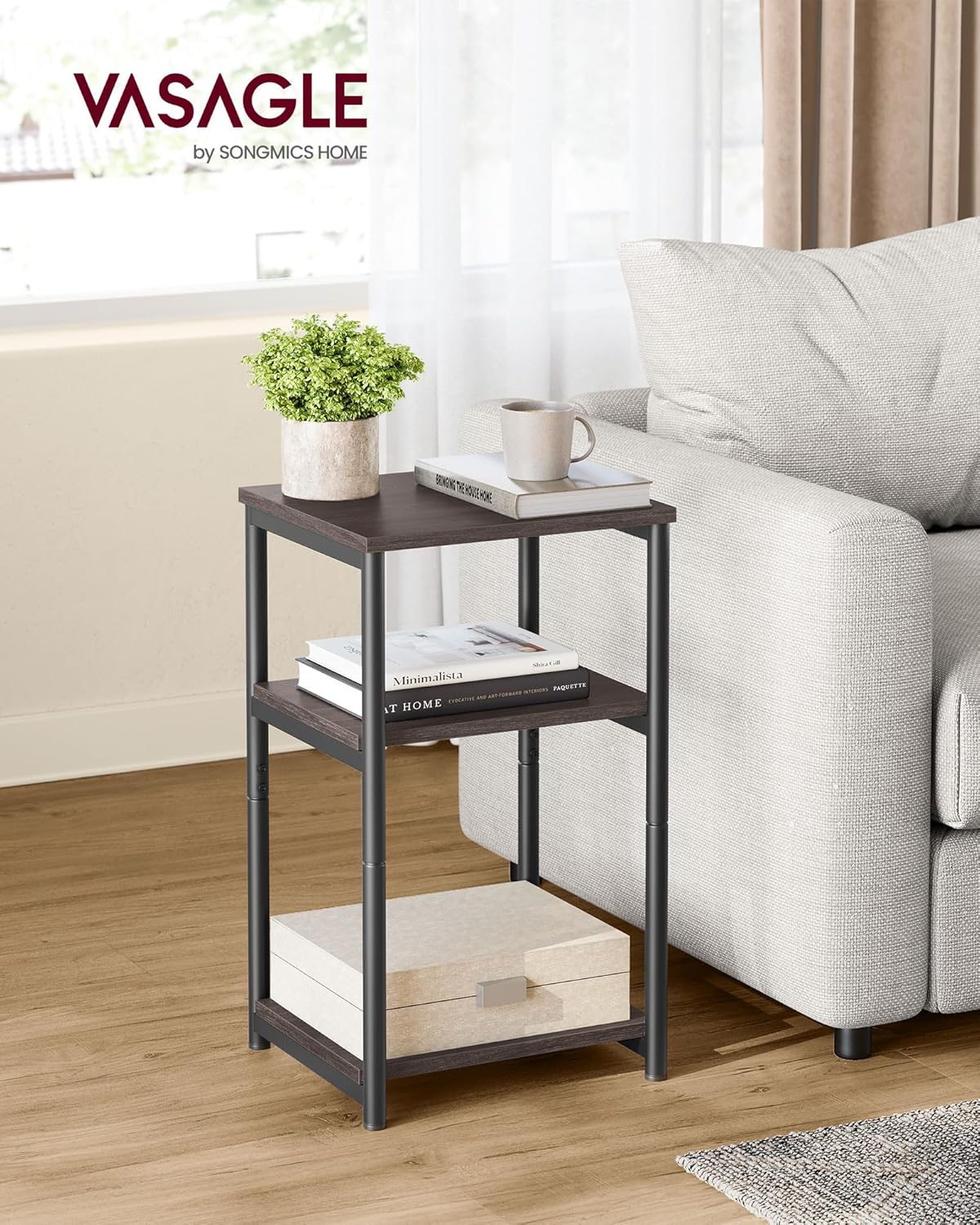 Side Table, Small End Table, Tall Nightstand for Living Room, Bedroom, Office, Bathroom, Rustic Brown and Classic Black