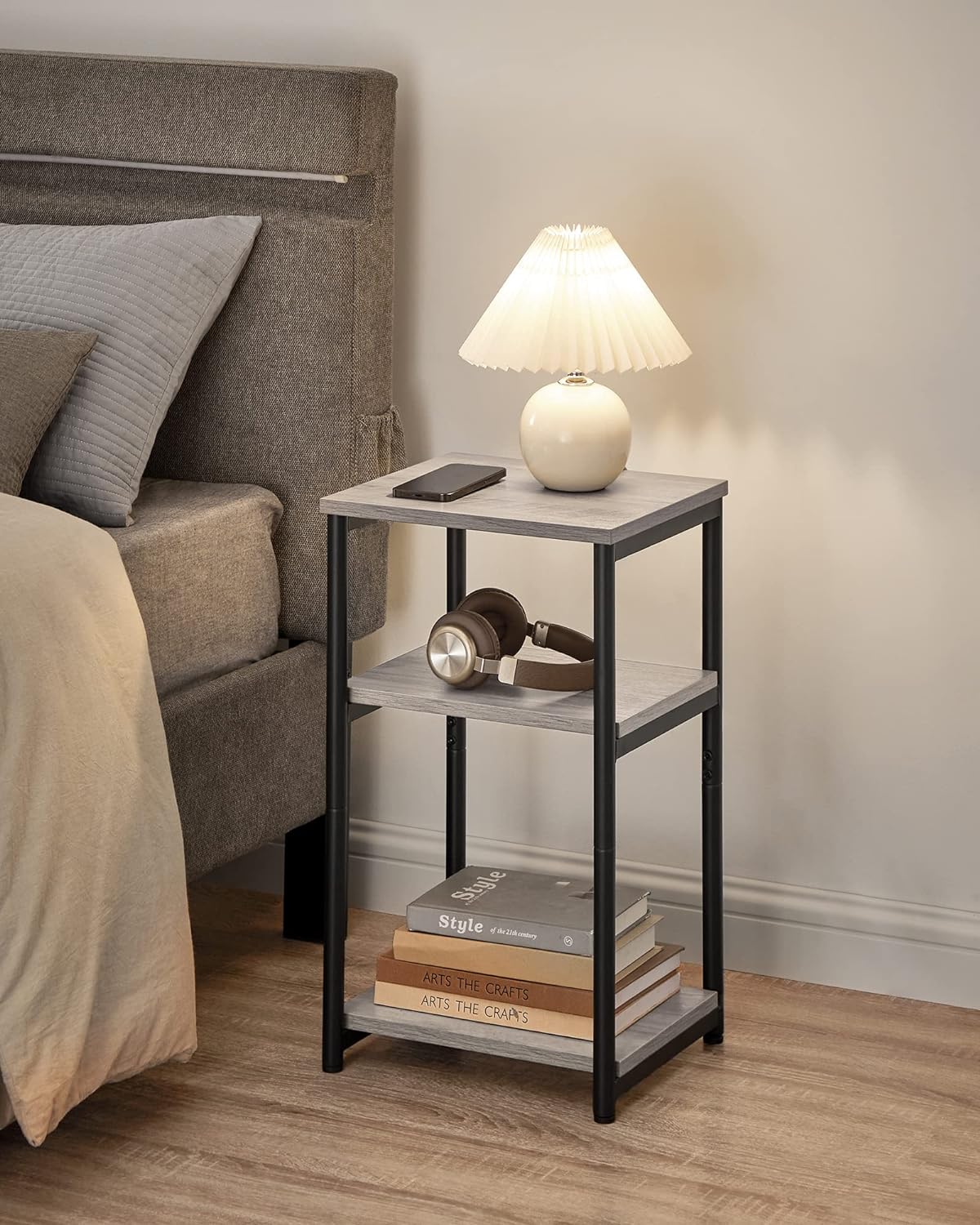 Side Table, Small End Table, Tall Nightstand for Living Room, Bedroom, Office, Bathroom, Rustic Brown and Classic Black
