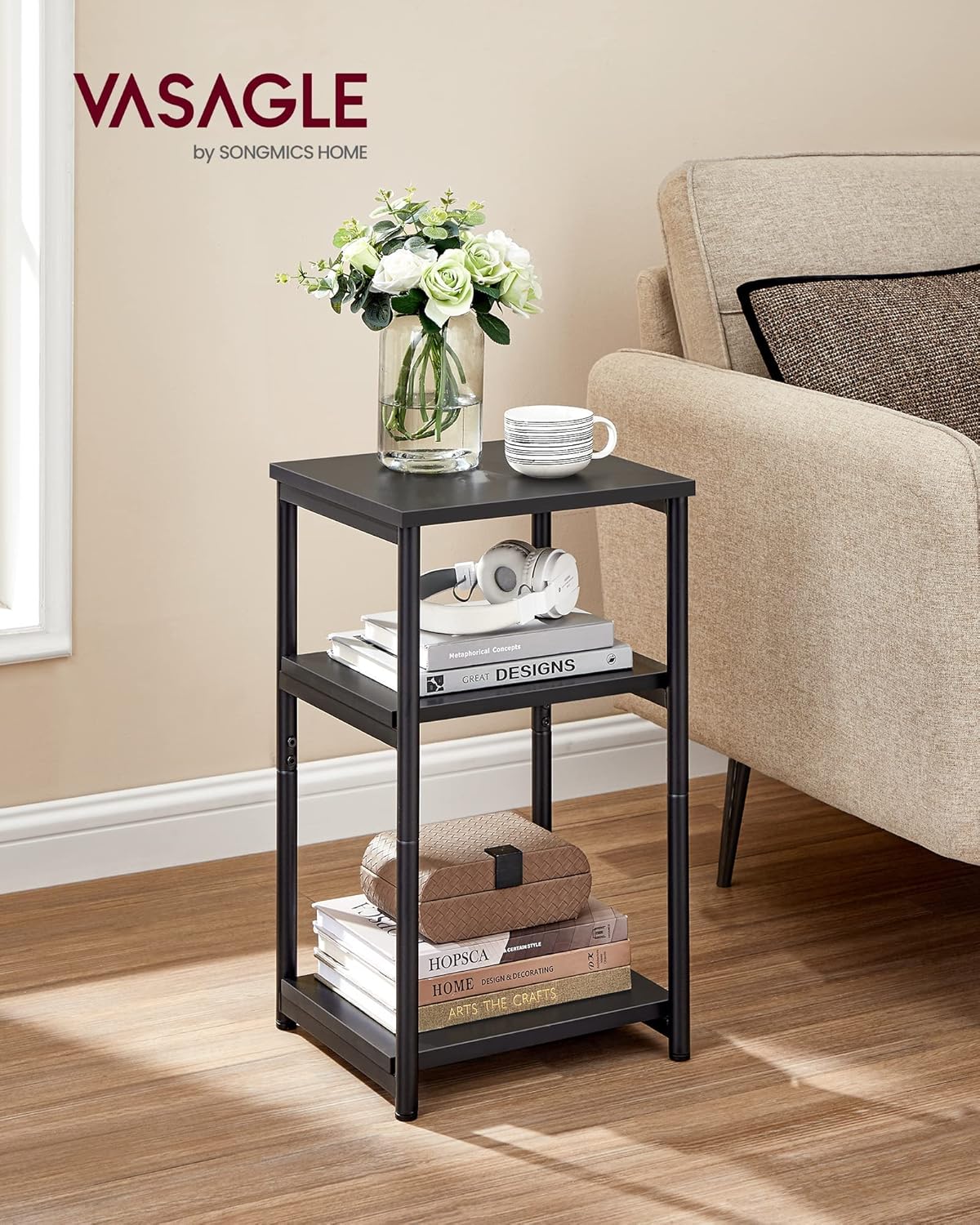 Side Table, Small End Table, Tall Nightstand for Living Room, Bedroom, Office, Bathroom, Rustic Brown and Classic Black