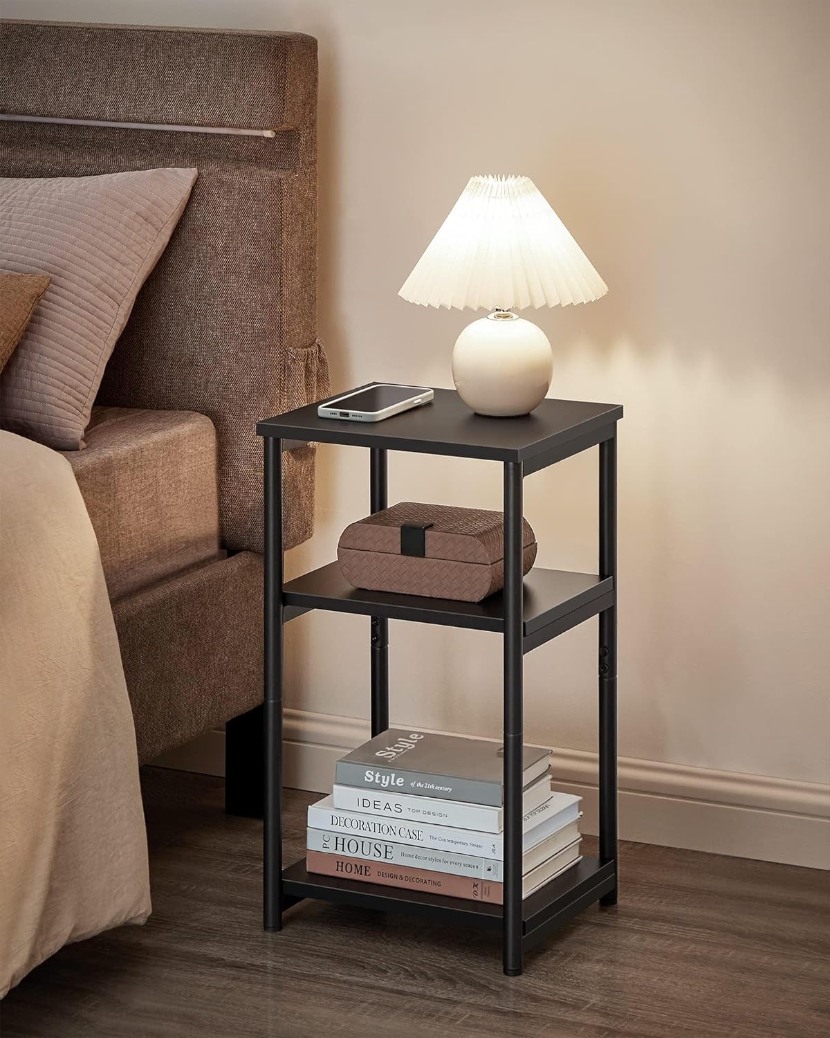 Side Table, Small End Table, Tall Nightstand for Living Room, Bedroom, Office, Bathroom, Rustic Brown and Classic Black