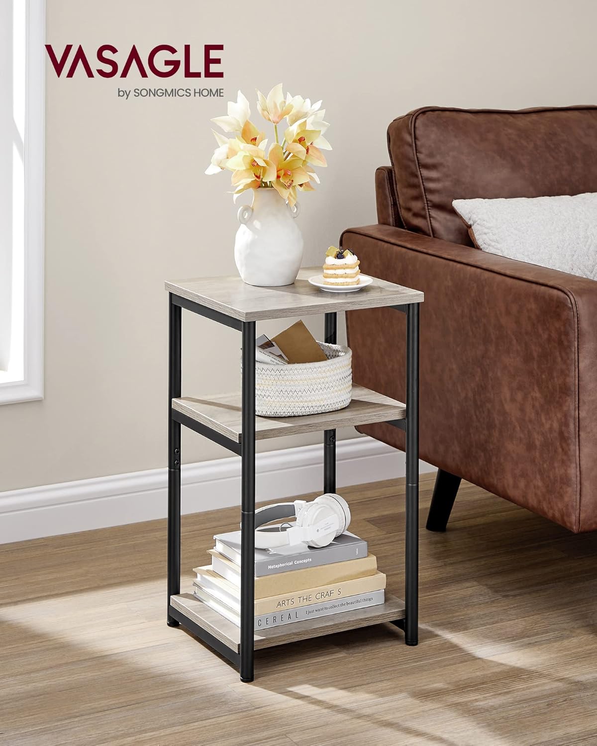 Side Table, Small End Table, Tall Nightstand for Living Room, Bedroom, Office, Bathroom, Rustic Brown and Classic Black