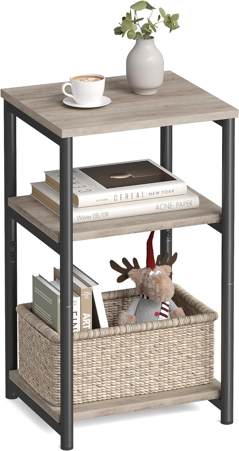 Side Table, Small End Table, Tall Nightstand for Living Room, Bedroom, Office, Bathroom, Rustic Brown and Classic Black