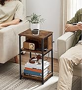 Side Table, Small End Table, Tall Nightstand for Living Room, Bedroom, Office, Bathroom, Rustic Brown and Classic Black
