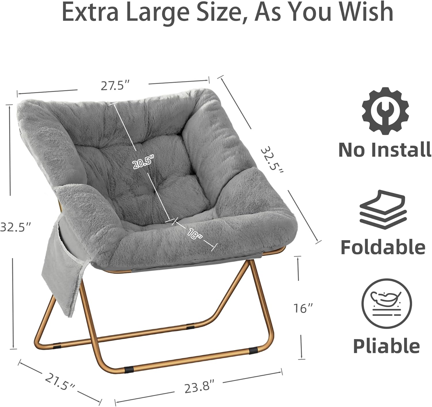 Comfy Saucer Chair for Adults, Foldable Living Room Chairs, Soft Faux Fur Lounge Chair for Bedroom, Reading Chairs, X-Large (Faux Fur-Grey)