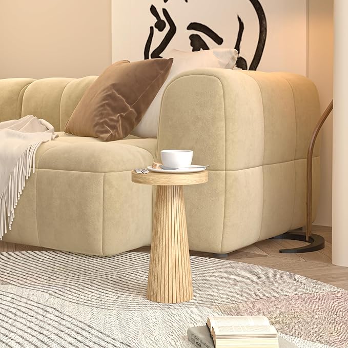 Round Fluted Accent Pedestal Side Table, End Table, Drink Table Small Accent Table for Living Room, Mid Century Modern Night Stand, Circle Bedside Table, Wood Nightstands for Bedroom