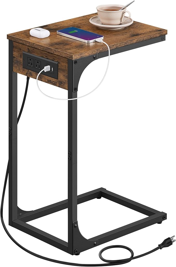 C-Shaped Side Table, End Table with Charging Station, C Table for Couch, Sofa, Adjustable Feet, for Bedroom, Living Room, 2 USB Ports and Outlets, Rustic Brown ULET362K01