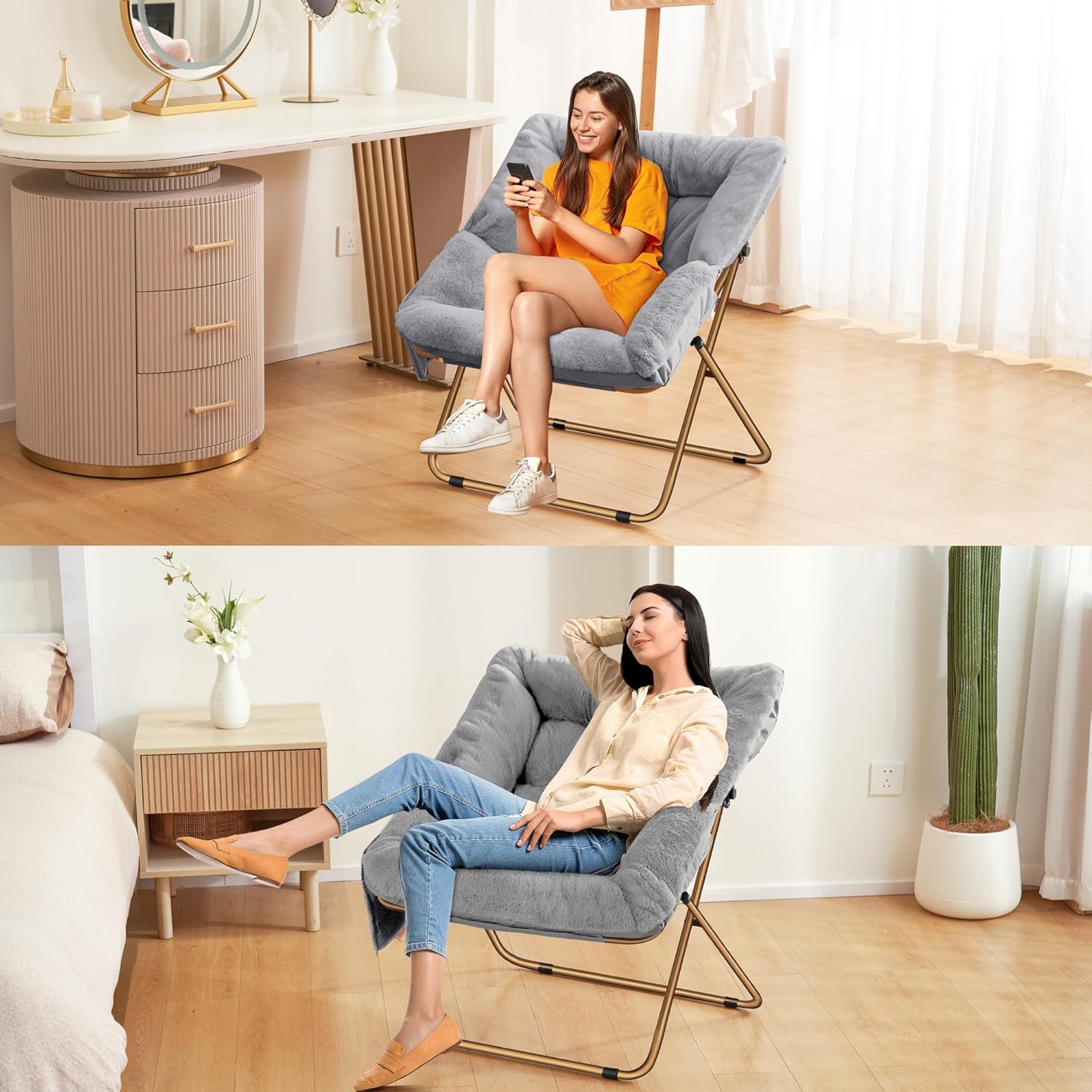 Comfy Saucer Chair for Adults, Foldable Living Room Chairs, Soft Faux Fur Lounge Chair for Bedroom, Reading Chairs, X-Large (Faux Fur-Grey)