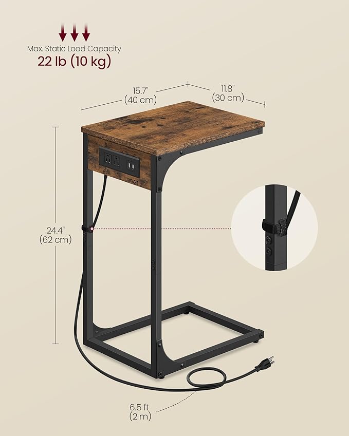 C-Shaped Side Table, End Table with Charging Station, C Table for Couch, Sofa, Adjustable Feet, for Bedroom, Living Room, 2 USB Ports and Outlets, Rustic Brown ULET362K01
