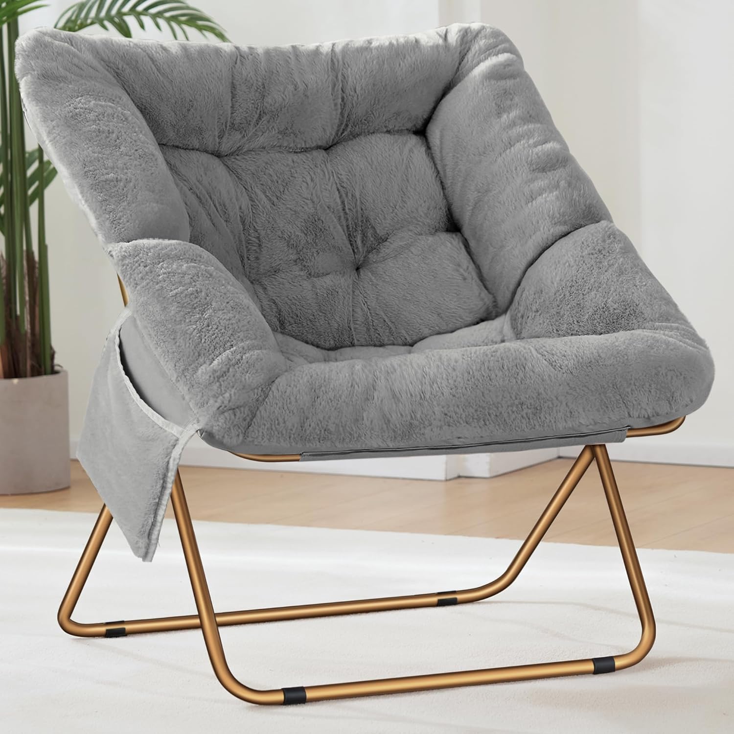 Comfy Saucer Chair for Adults, Foldable Living Room Chairs, Soft Faux Fur Lounge Chair for Bedroom, Reading Chairs, X-Large (Faux Fur-Grey)