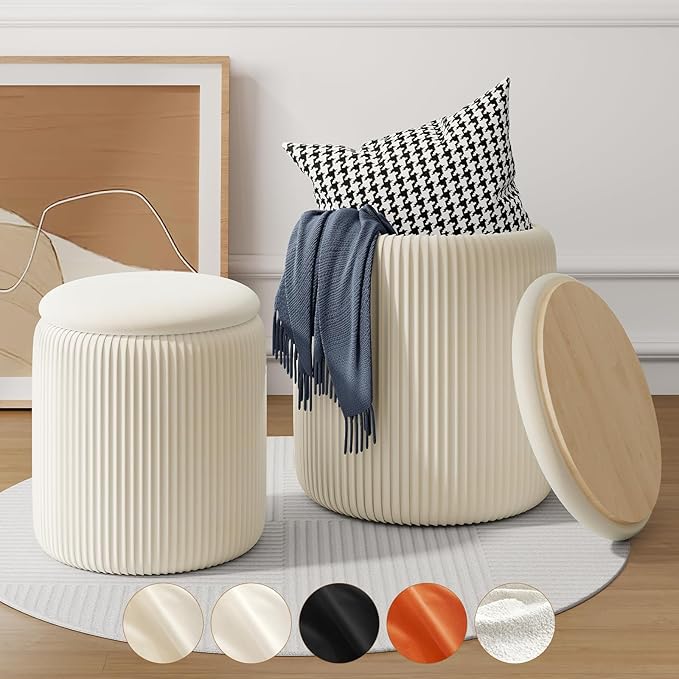 Round Ottoman with Storage Set of 2, White Vanity Stool, Upholstered Velvet Storage Ottomans, Makeup Chair Seat for Bedroom, Small Pouf Footstool for Living Room