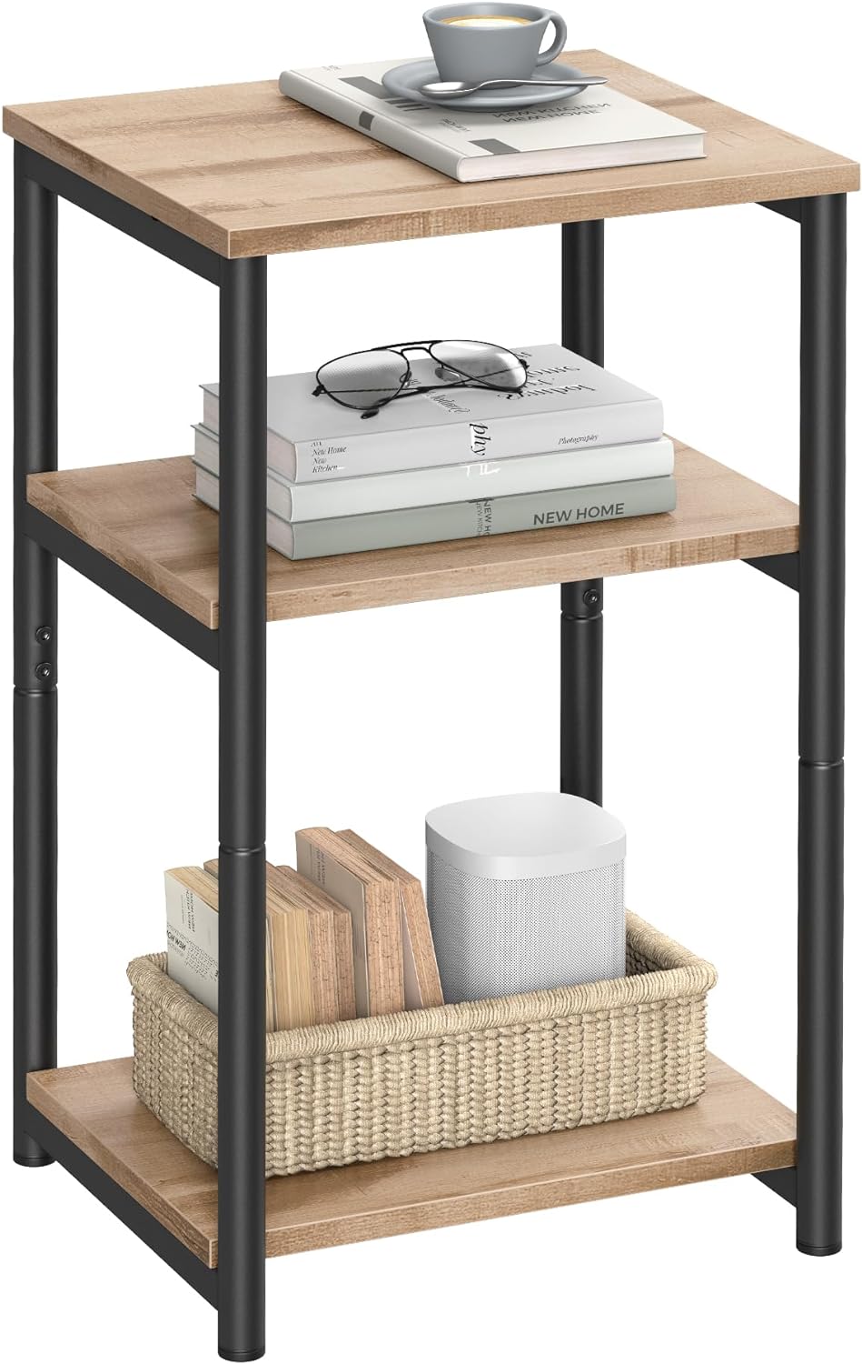 Side Table, Small End Table, Tall Nightstand for Living Room, Bedroom, Office, Bathroom, Rustic Brown and Classic Black
