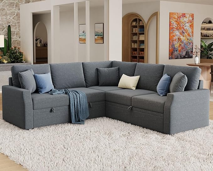 Sofa Bed, 85 Inch Sleeper Sofa with Pull Out Bed & Storage Seat, Oversized L Shape Sectional Sofa for Living Room Apartment, Grey Linen Reversible Couch