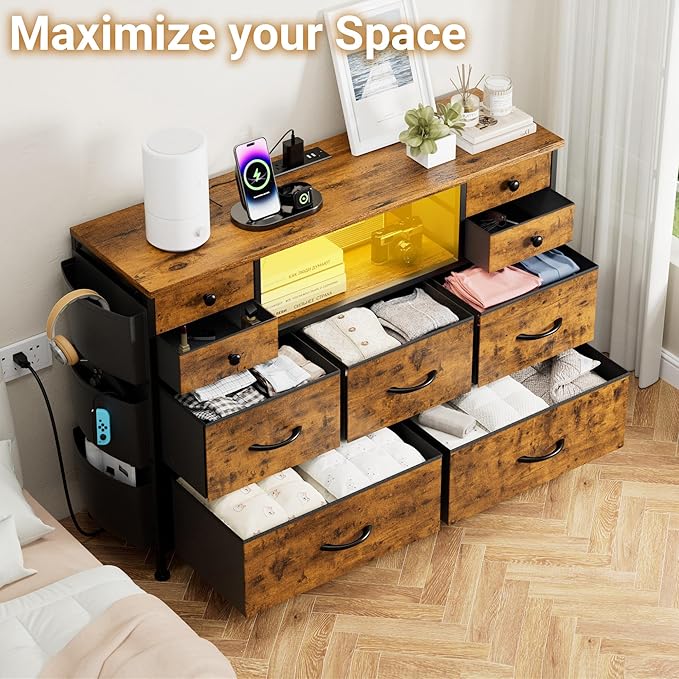 Bedroom Dresser, TV Stands LED Dresser, Fabric Dressers Chest of Drawer, TV Stand Dresser with 9 Drawer Storage, Power Outlet, TV Stand w/Open Shelve for Closet Livingroom Entryway Rustic Brown