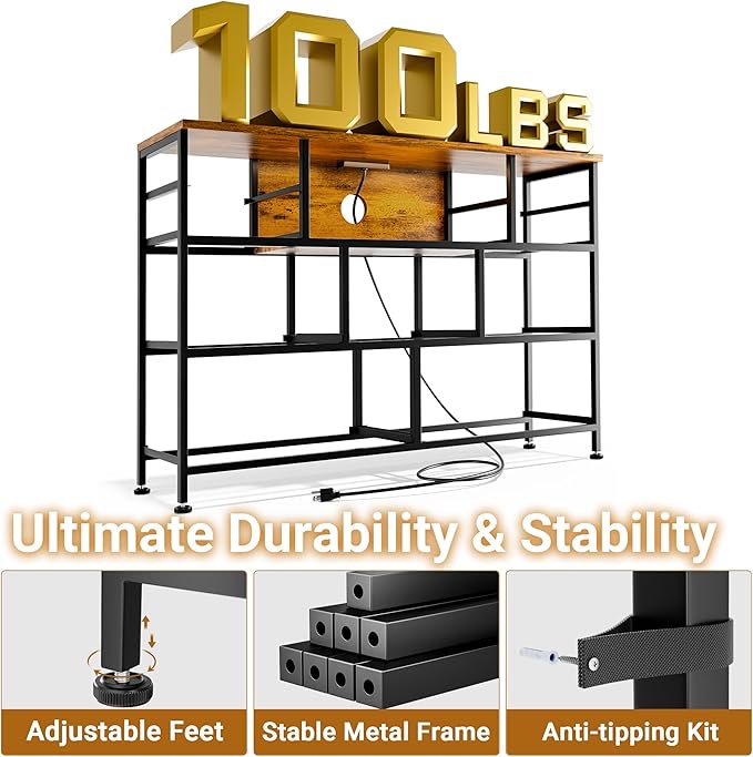 Bedroom Dresser, TV Stands LED Dresser, Fabric Dressers Chest of Drawer, TV Stand Dresser with 9 Drawer Storage, Power Outlet, TV Stand w/Open Shelve for Closet Livingroom Entryway Rustic Brown