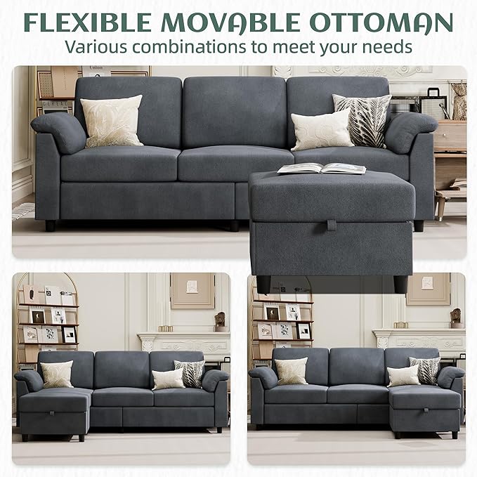 Convertible Sectional Sofa Couch, 3 Seat L Shaped Sofa with Removable Pillows Linen Fabric Small Couch Mid Century for Living Room, Apartment and Office (Gray)