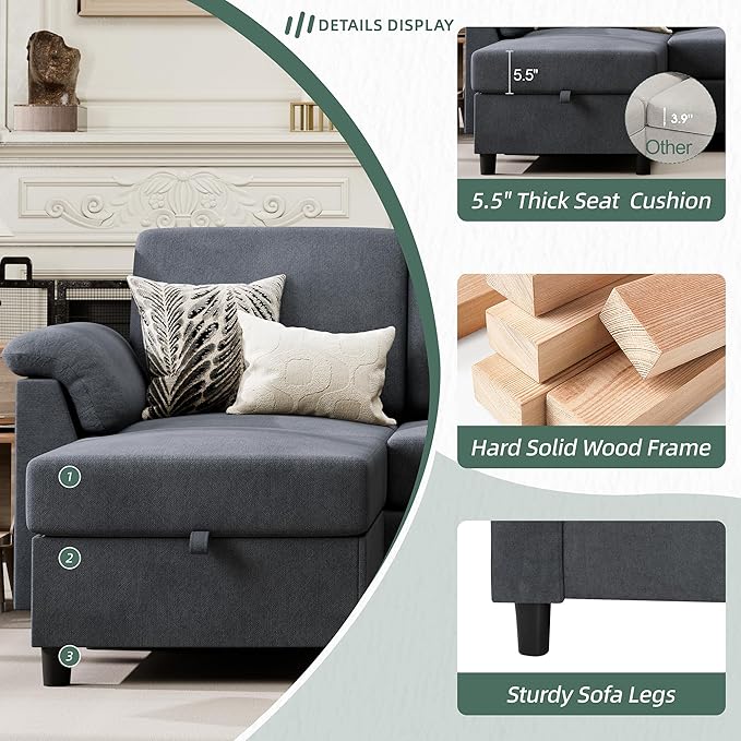 Convertible Sectional Sofa Couch, 3 Seat L Shaped Sofa with Removable Pillows Linen Fabric Small Couch Mid Century for Living Room, Apartment and Office (Gray)