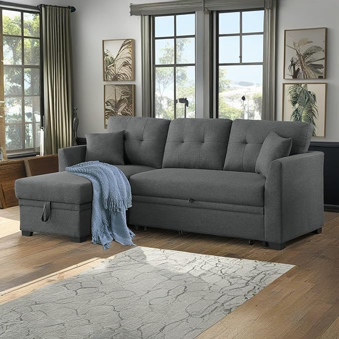 81.5" L Shaped Convertible Sectional Sofa with Storage Chaise and Pull Out Bed, Linen Upholstered Corner Couch w/Removable Back Cushions & 2 Pillows for Living Room, Office, Dark Grey