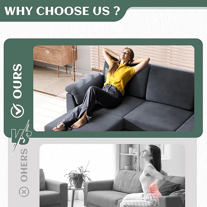 Convertible Sectional Sofa Couch, 3 Seat L Shaped Sofa with Removable Pillows Linen Fabric Small Couch Mid Century for Living Room, Apartment and Office (Gray)