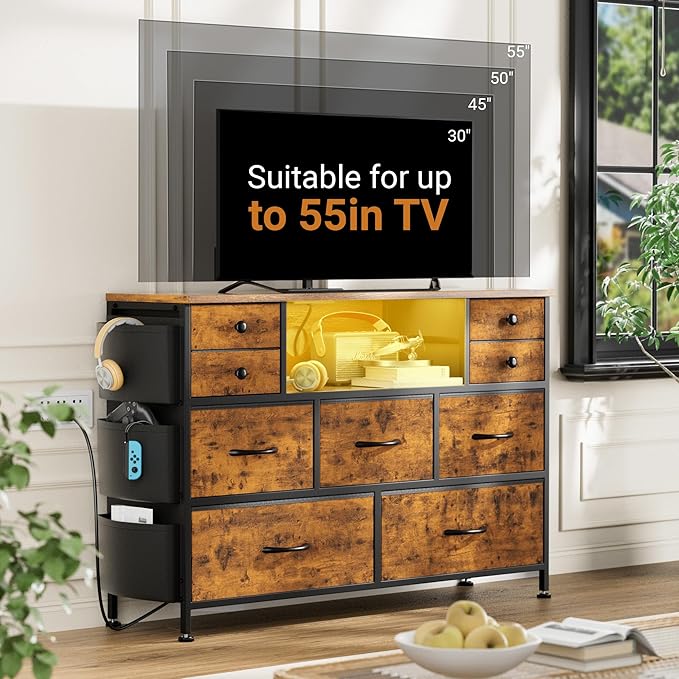Bedroom Dresser, TV Stands LED Dresser, Fabric Dressers Chest of Drawer, TV Stand Dresser with 9 Drawer Storage, Power Outlet, TV Stand w/Open Shelve for Closet Livingroom Entryway Rustic Brown