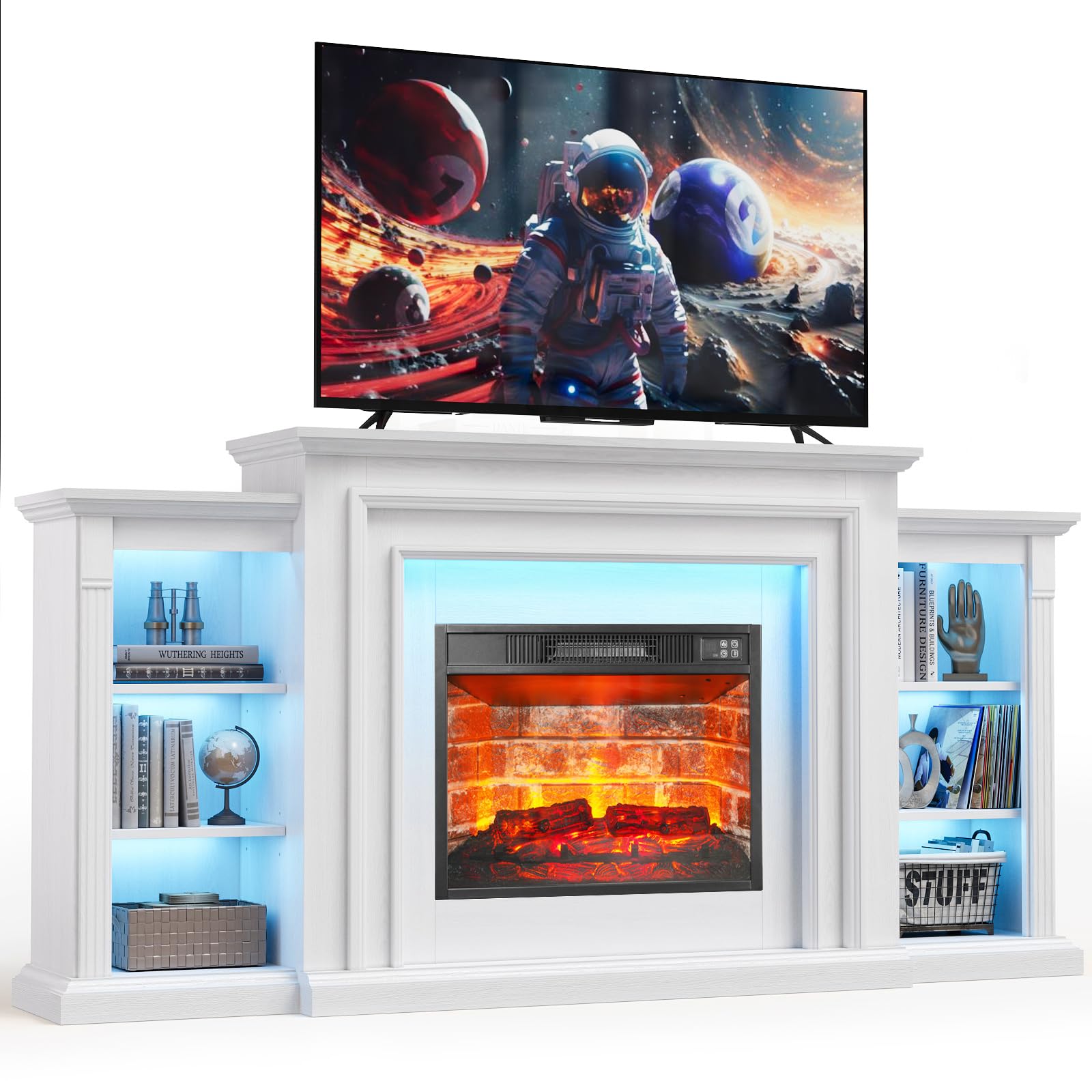 72" LED Electric Fireplace with Mantel, Fireplace TV Stand for 80 Inch TV, Modern Entertainment Center with Storage, Delicate Three-Dimensional Molding with Remote Control for Living Room