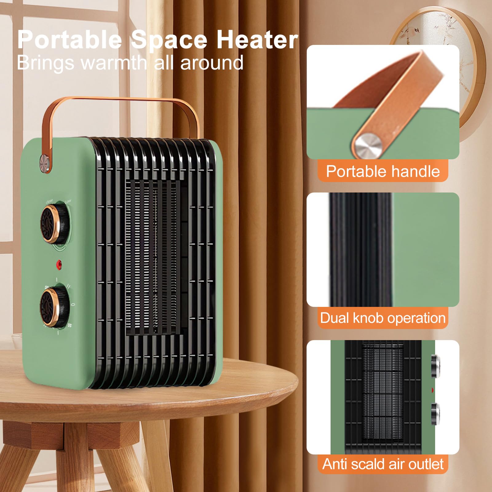 Portable Space Heater for Indoor Use 1500W PTC Electric Heater Fast Heating Ceramic Room Small Heater with Thermostat Heating and Fan Modes for Desk Office Bedroom Home (Green)