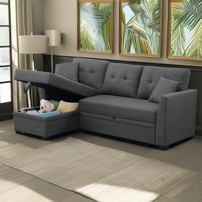 81.5" L Shaped Convertible Sectional Sofa with Storage Chaise and Pull Out Bed, Linen Upholstered Corner Couch w/Removable Back Cushions & 2 Pillows for Living Room, Office, Dark Grey
