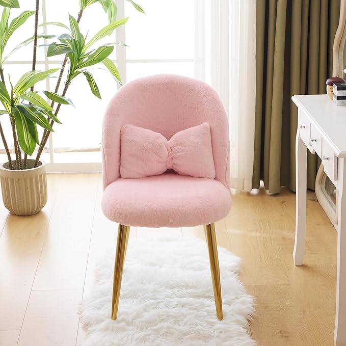 Girls Vanity Chair with Back,Cute Small Desk Chair No Wheels,Fluffy Chair with Pillow,Cozy Makeup Chair with Ajustable Gold Legs,Comfy Chair for Bedroom,Living Room,Small Space,Pink