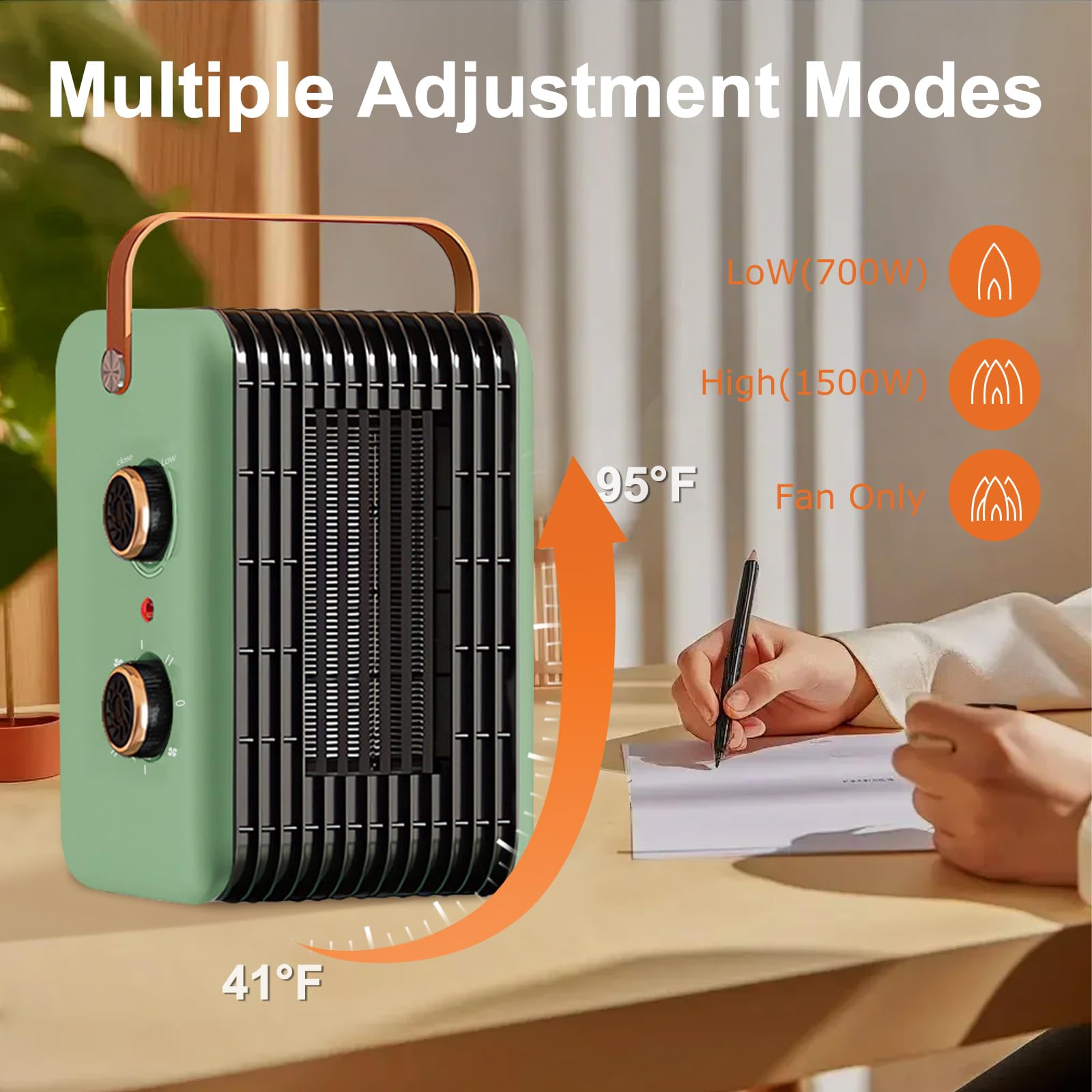 Portable Space Heater for Indoor Use 1500W PTC Electric Heater Fast Heating Ceramic Room Small Heater with Thermostat Heating and Fan Modes for Desk Office Bedroom Home (Green)