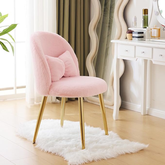 Girls Vanity Chair with Back,Cute Small Desk Chair No Wheels,Fluffy Chair with Pillow,Cozy Makeup Chair with Ajustable Gold Legs,Comfy Chair for Bedroom,Living Room,Small Space,Pink
