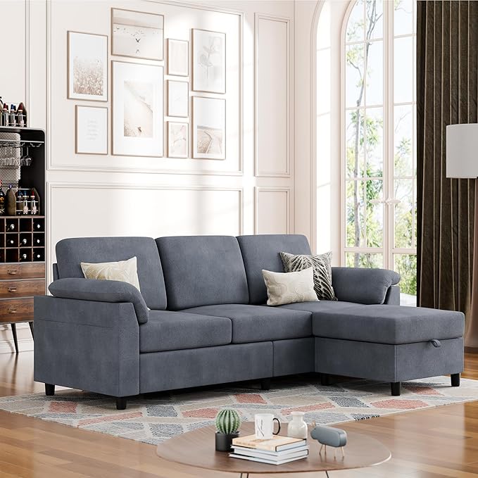 Convertible Sectional Sofa Couch, 3 Seat L Shaped Sofa with Removable Pillows Linen Fabric Small Couch Mid Century for Living Room, Apartment and Office (Gray)