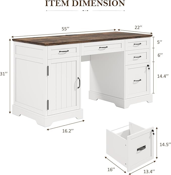 55'' Farmhouse Executive Desk, Home Office Desk with Drawers, Wood Computert Desk with File Cabinet and Power Outlets, White
