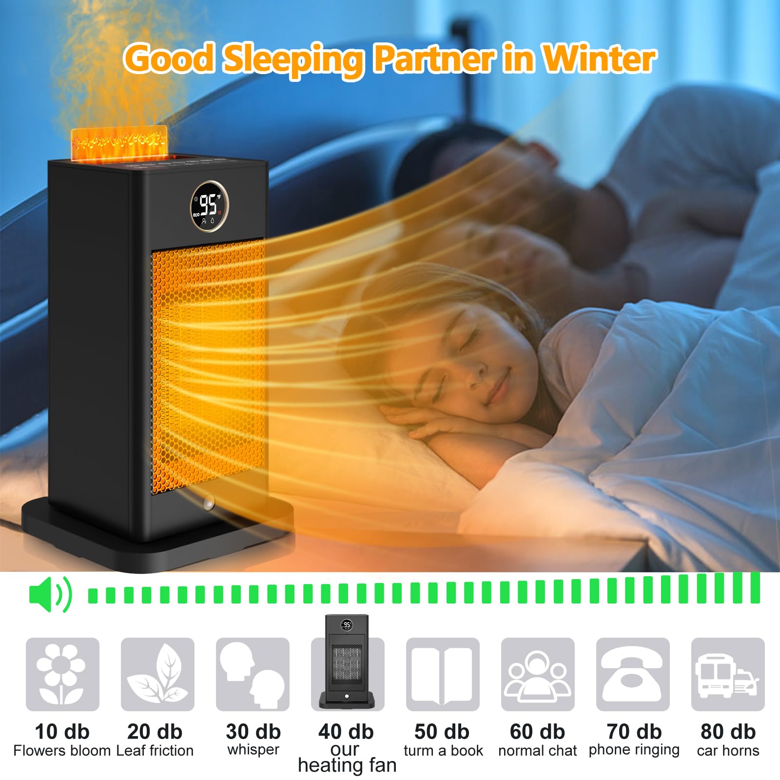 3-in-1 Space Heater- Humidifier/Sensor/ECO,Electric Heater with 90°Oscillating/Thermostat/12H Timer/Dual Control,Space Heater Indoor with 3D Flame Ambiance/Heater Heat Up 260 sq.ft(Obsidian Black)